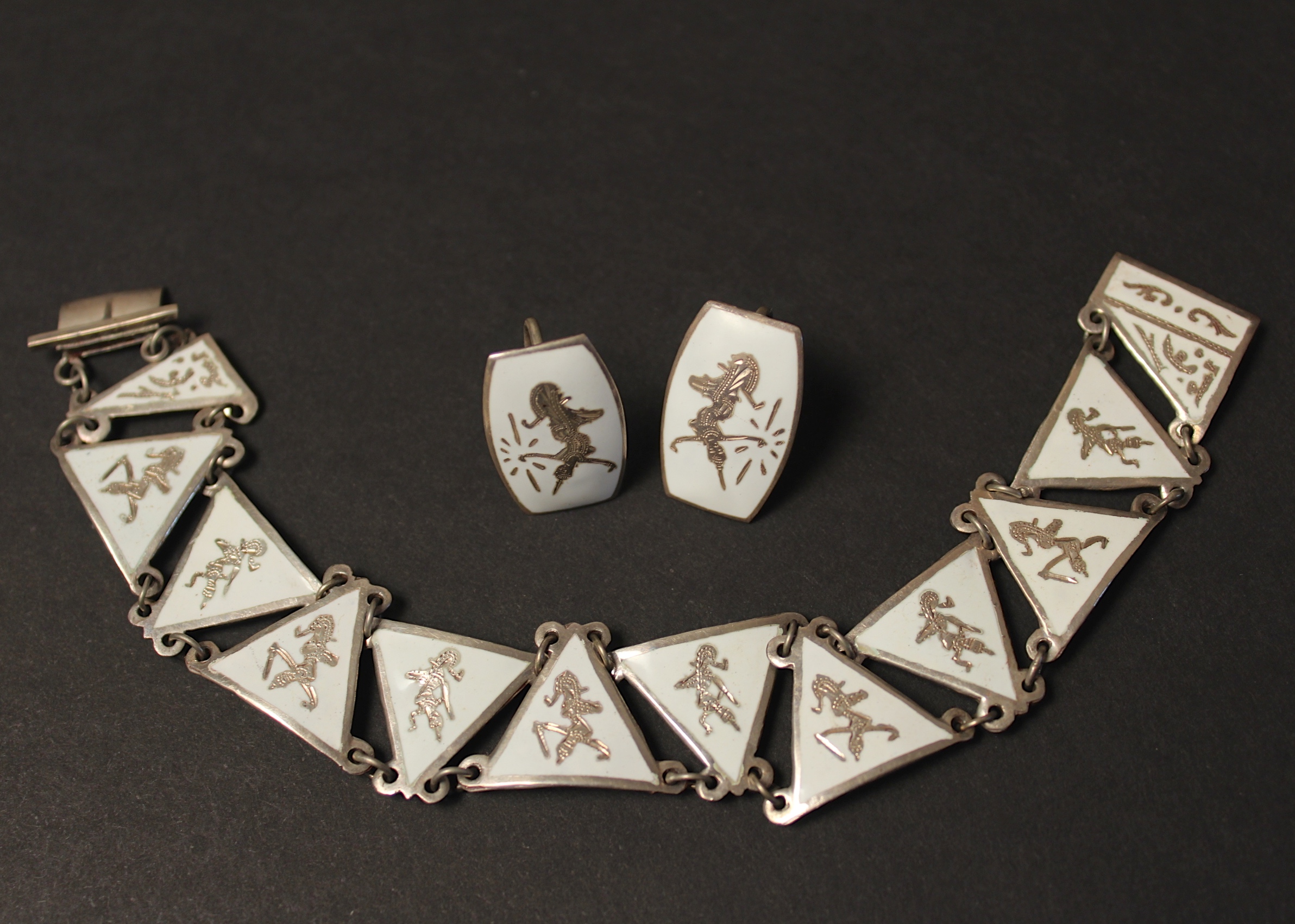 Sterling Silver and Enamel Siamese Bracelet and Earrings