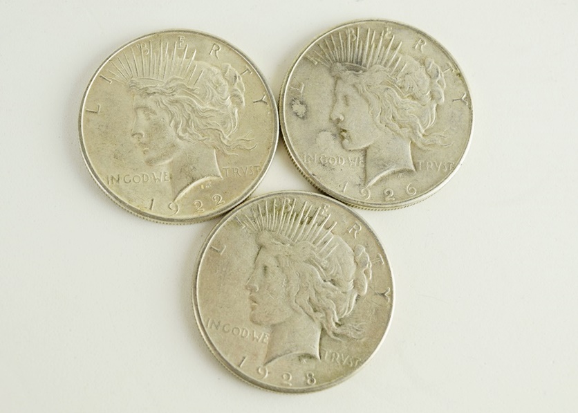 US Peace Dollars, Twenty-Four in Total, Dated 1922-1928