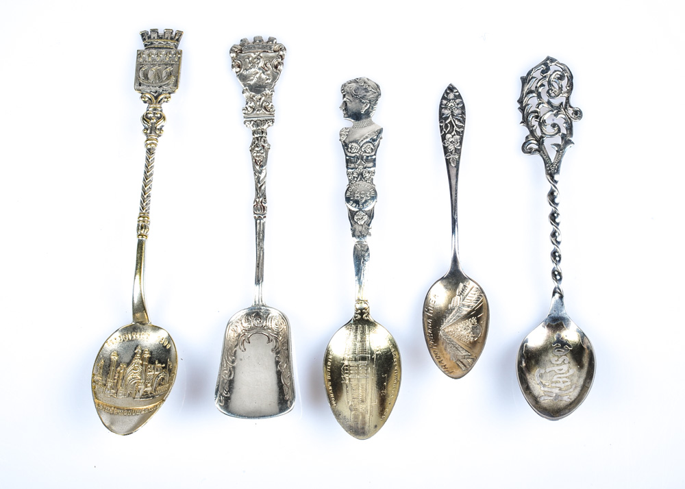 Set of Five Vintage Sterling Silver Commemorative Travel Spoons