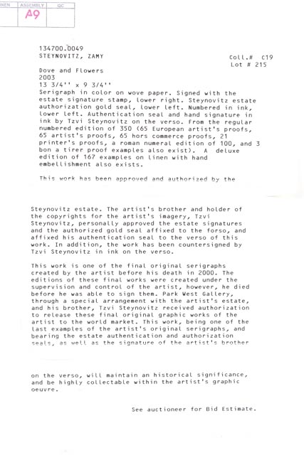 Limited Edition Zamy Steynovitz Serigraph "Dove and Flowers"