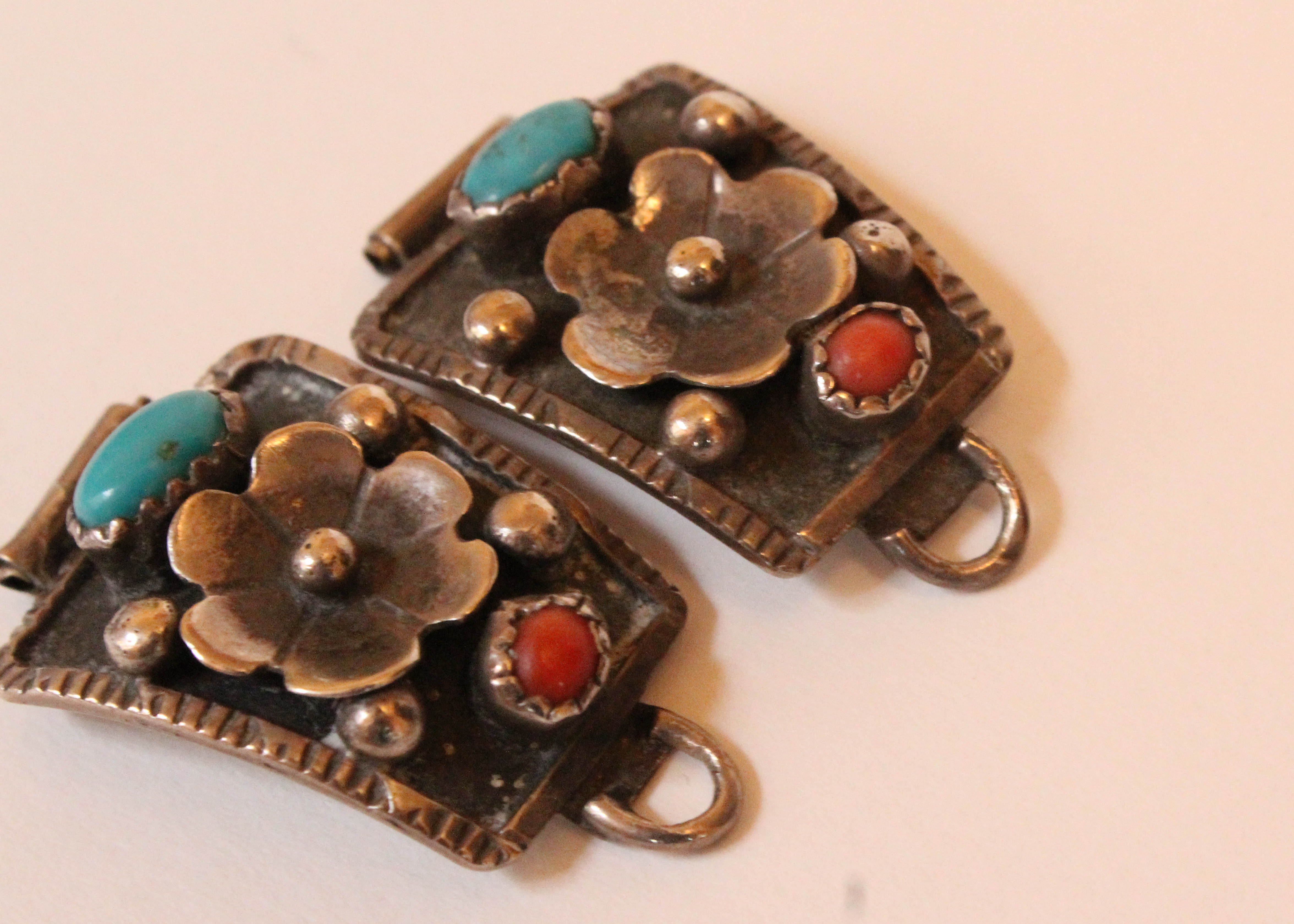 Pair Sterling Silver Southwestern Style Watch Links with Turquoise