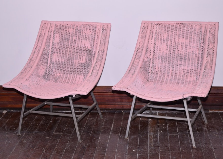 Pair of Vintage Pink Wicker Slingback Armchairs