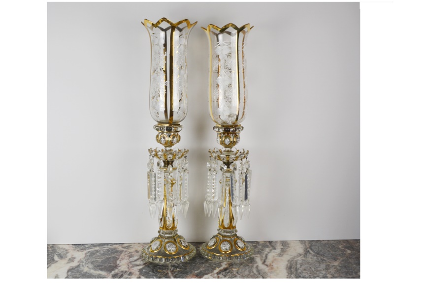 Pair of French Baccarat Style Crystal Hurricane Candle Holders
