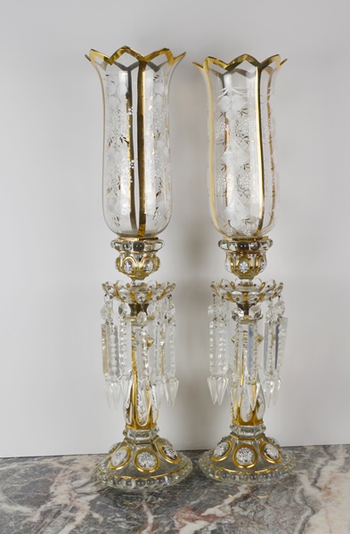 Pair of French Baccarat Style Crystal Hurricane Candle Holders