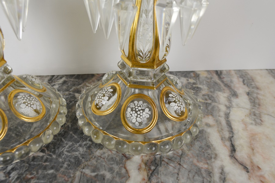 Pair of French Baccarat Style Crystal Hurricane Candle Holders