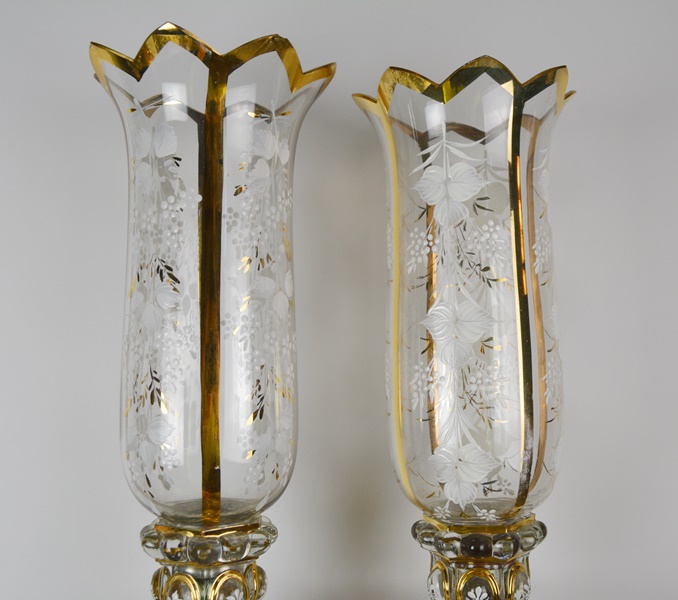 Pair of French Baccarat Style Crystal Hurricane Candle Holders