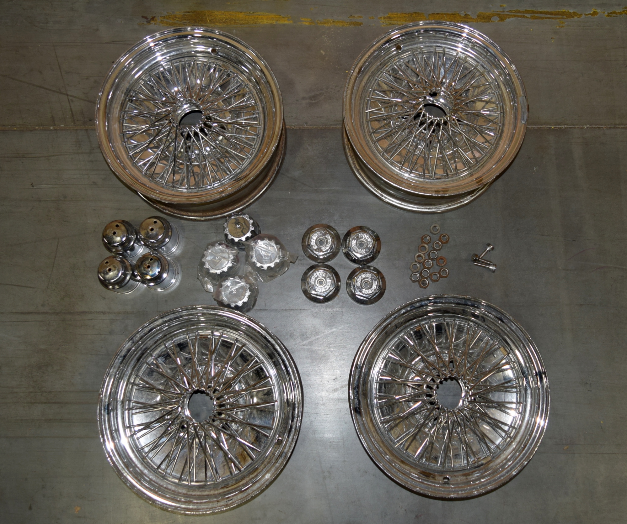 Four Vintage Wire Car Rims by Rocket Road Wheels