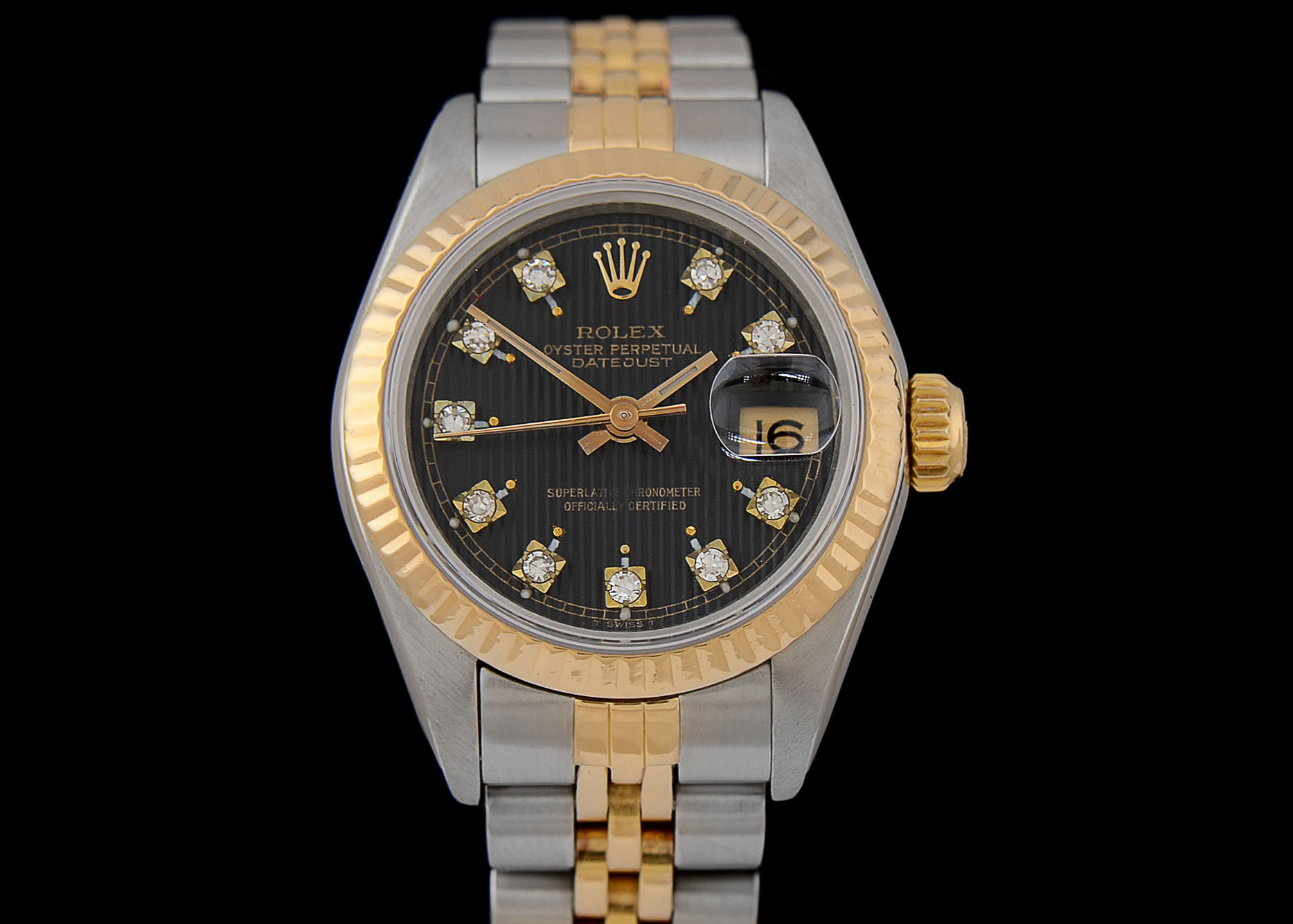 Women's Rolex Datejust 18K Gold & Steel Black Tapestry Diamond Dial Watch
