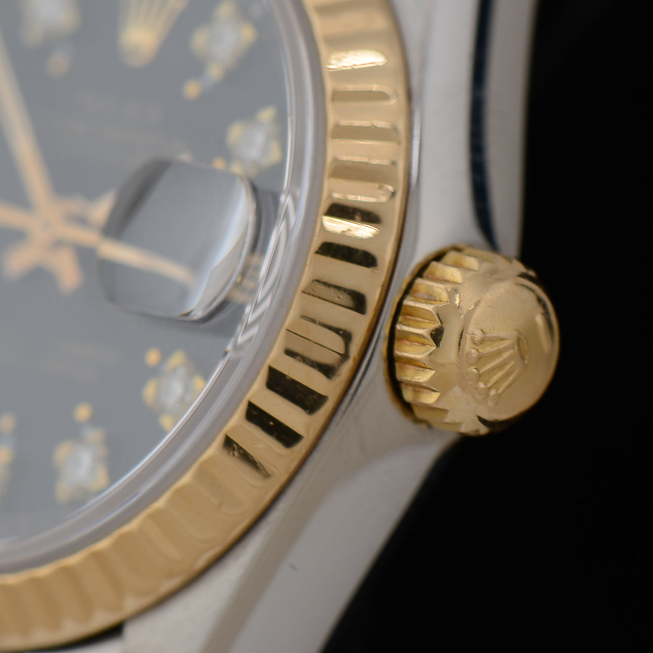 Women's Rolex Datejust 18K Gold & Steel Black Tapestry Diamond Dial Watch