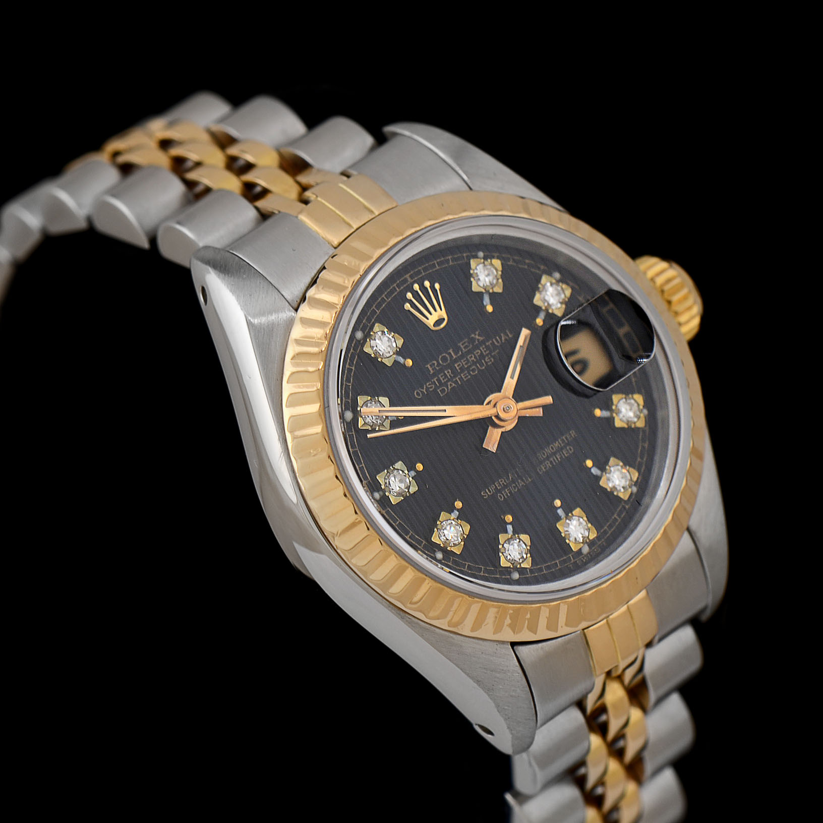 Women's Rolex Datejust 18K Gold & Steel Black Tapestry Diamond Dial Watch