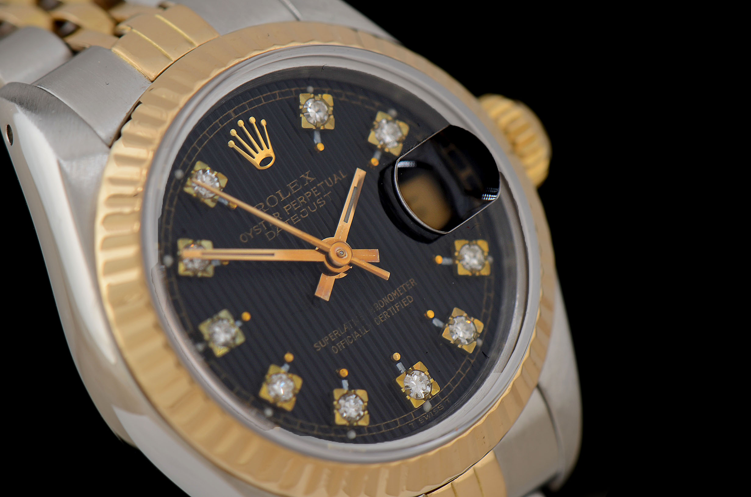 Women's Rolex Datejust 18K Gold & Steel Black Tapestry Diamond Dial Watch