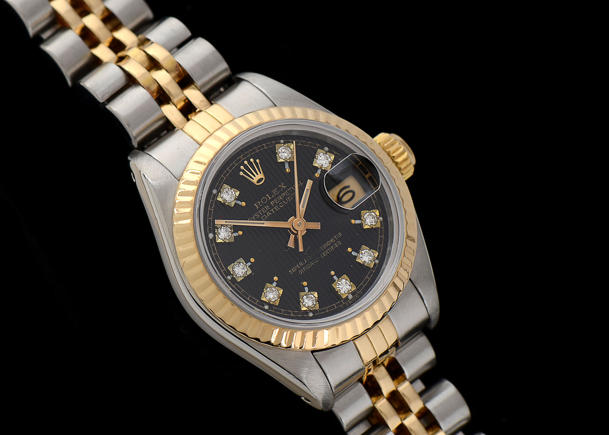 Women's Rolex Datejust 18K Gold & Steel Black Tapestry Diamond Dial Watch