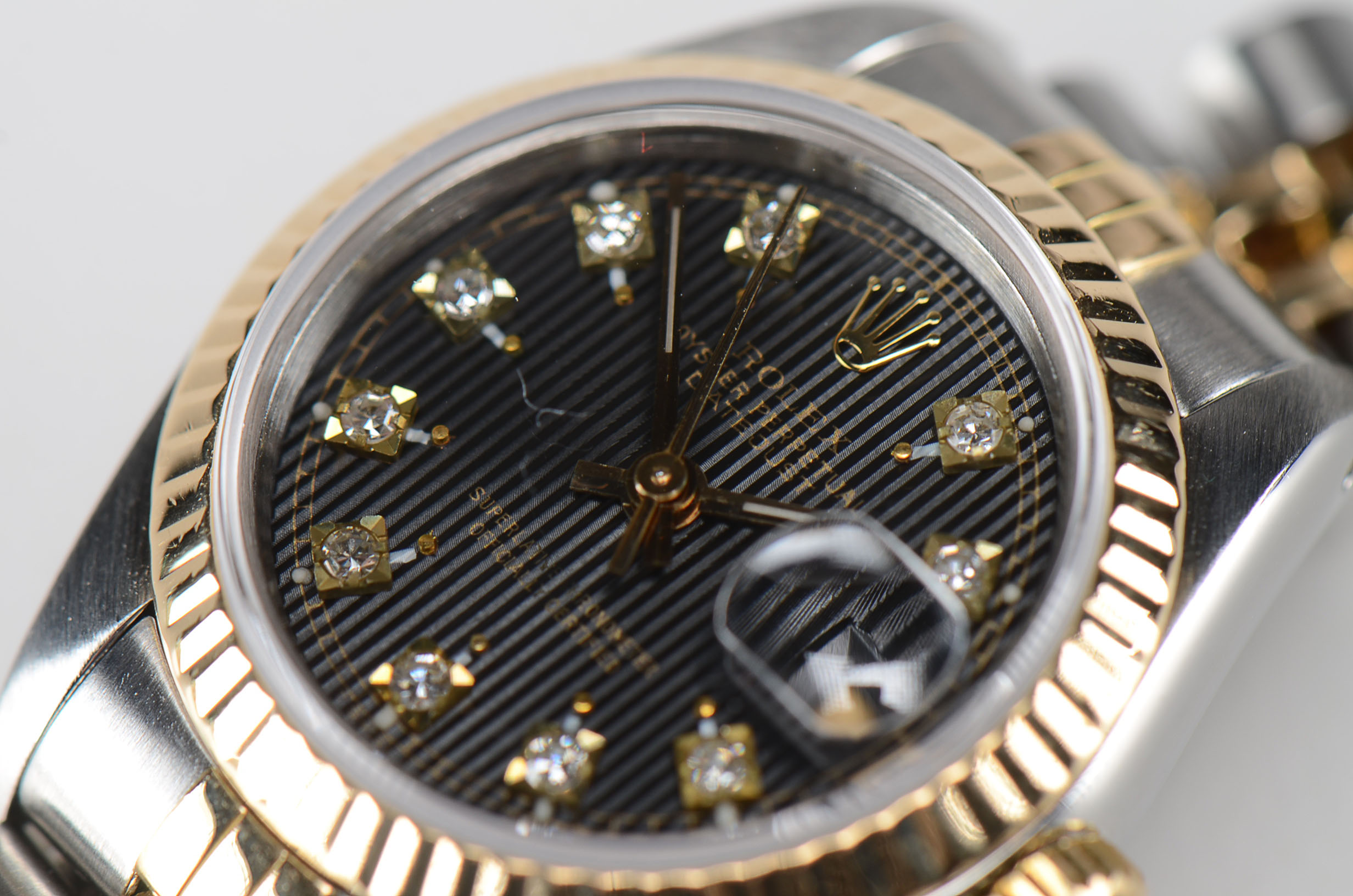 Women's Rolex Datejust 18K Gold & Steel Black Tapestry Diamond Dial Watch
