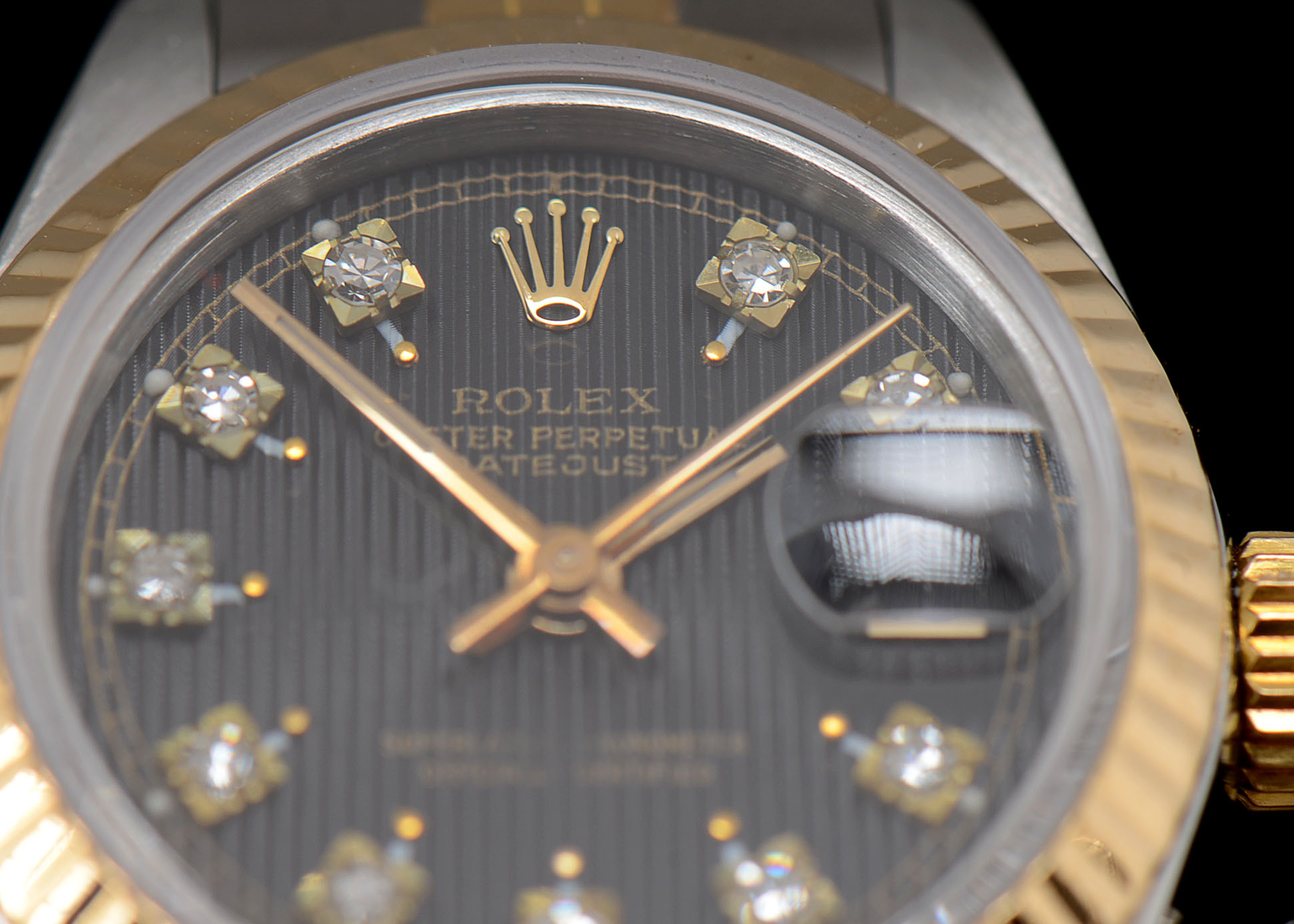 Women's Rolex Datejust 18K Gold & Steel Black Tapestry Diamond Dial Watch