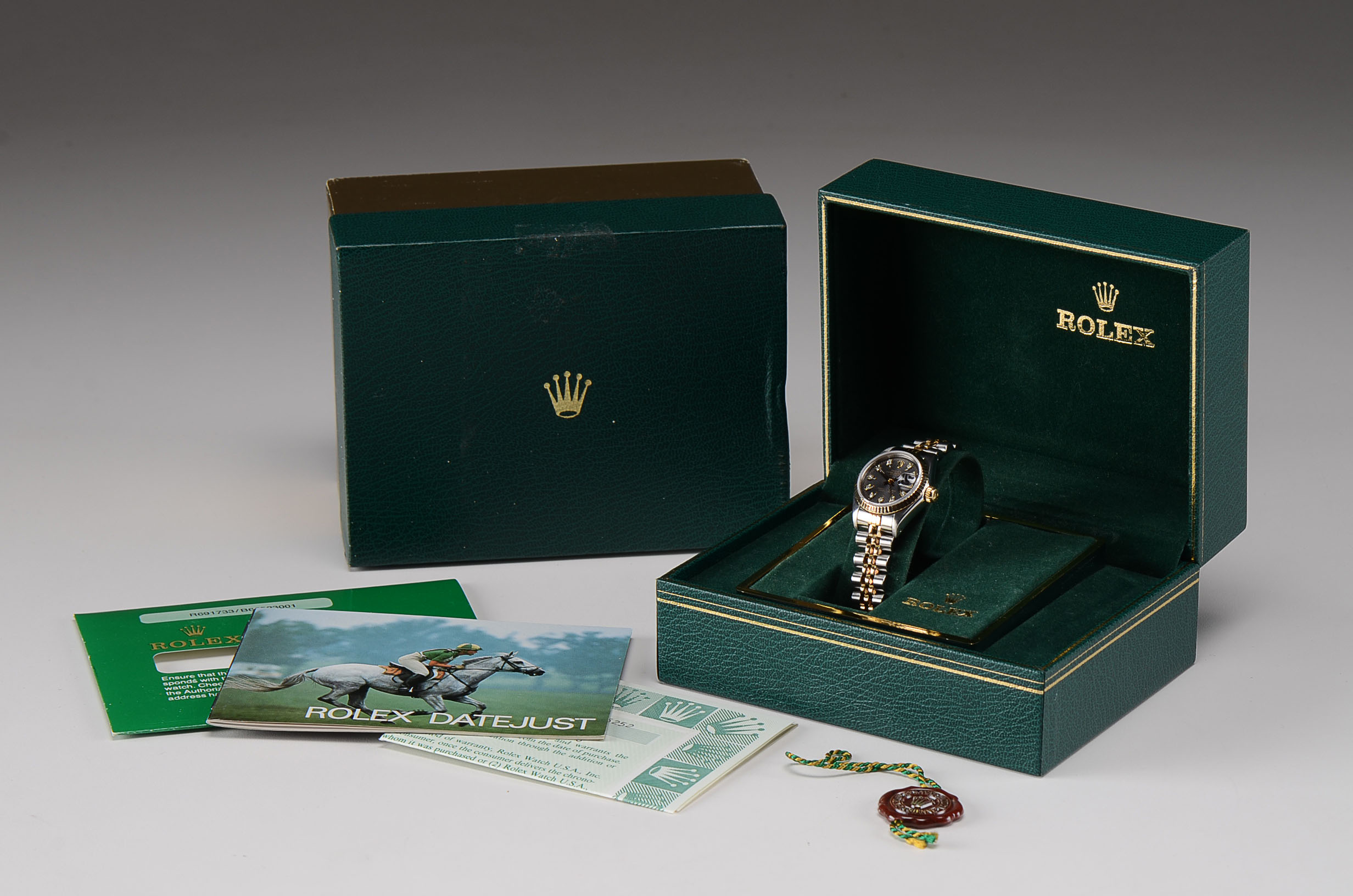 Women's Rolex Datejust 18K Gold & Steel Black Tapestry Diamond Dial Watch