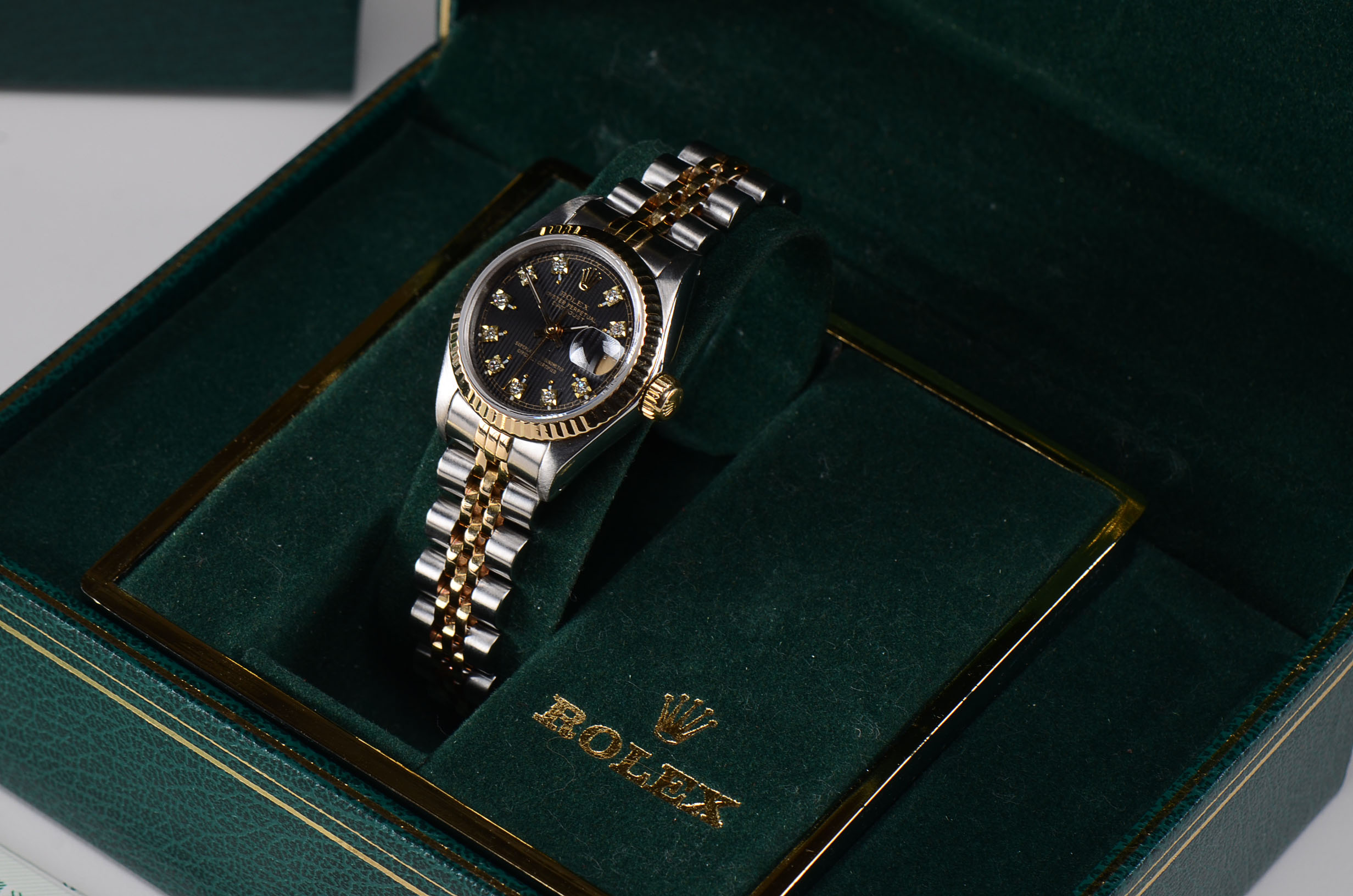 Women's Rolex Datejust 18K Gold & Steel Black Tapestry Diamond Dial Watch