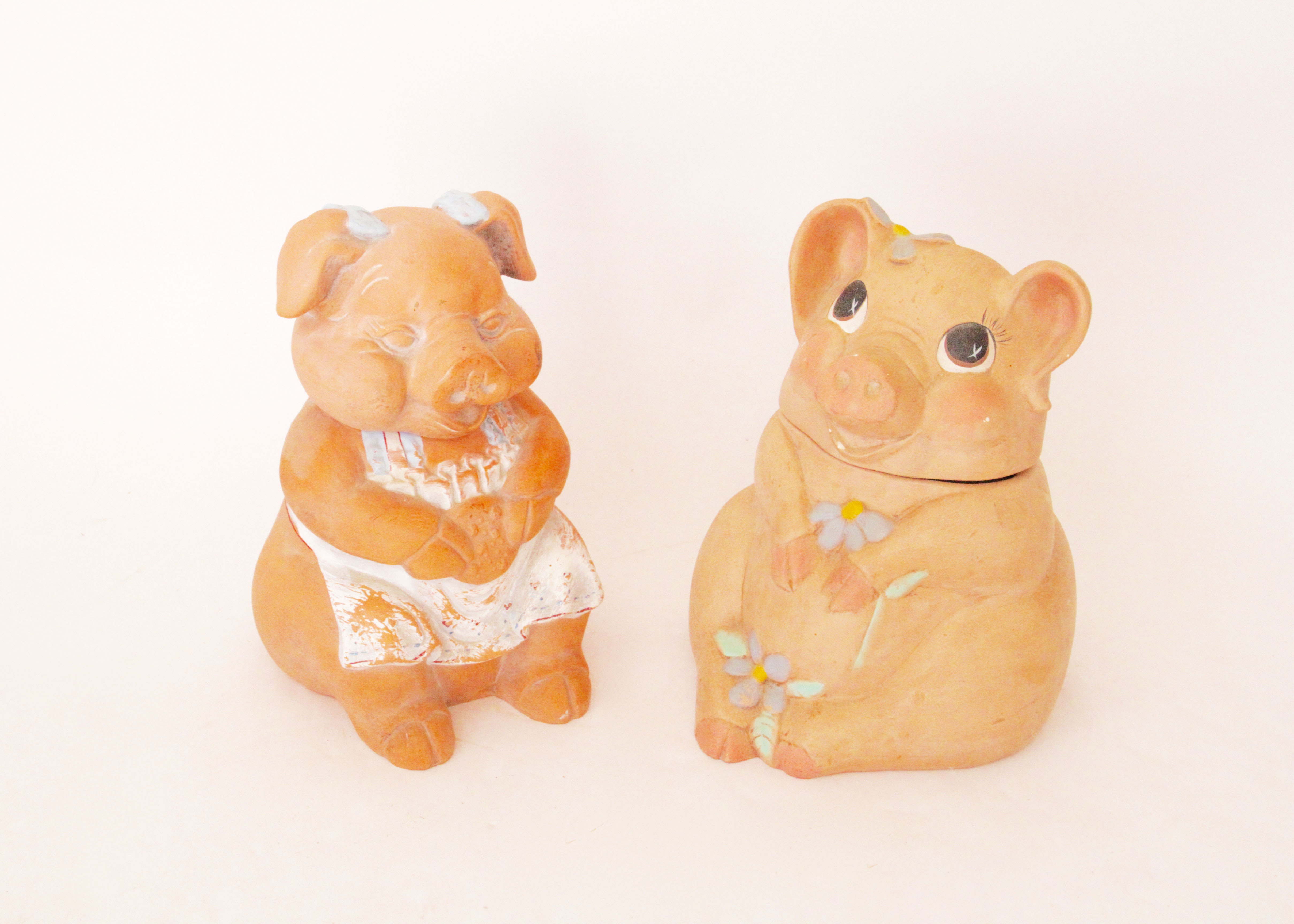 Vintage Pair of Clay Pig Cookie Jars