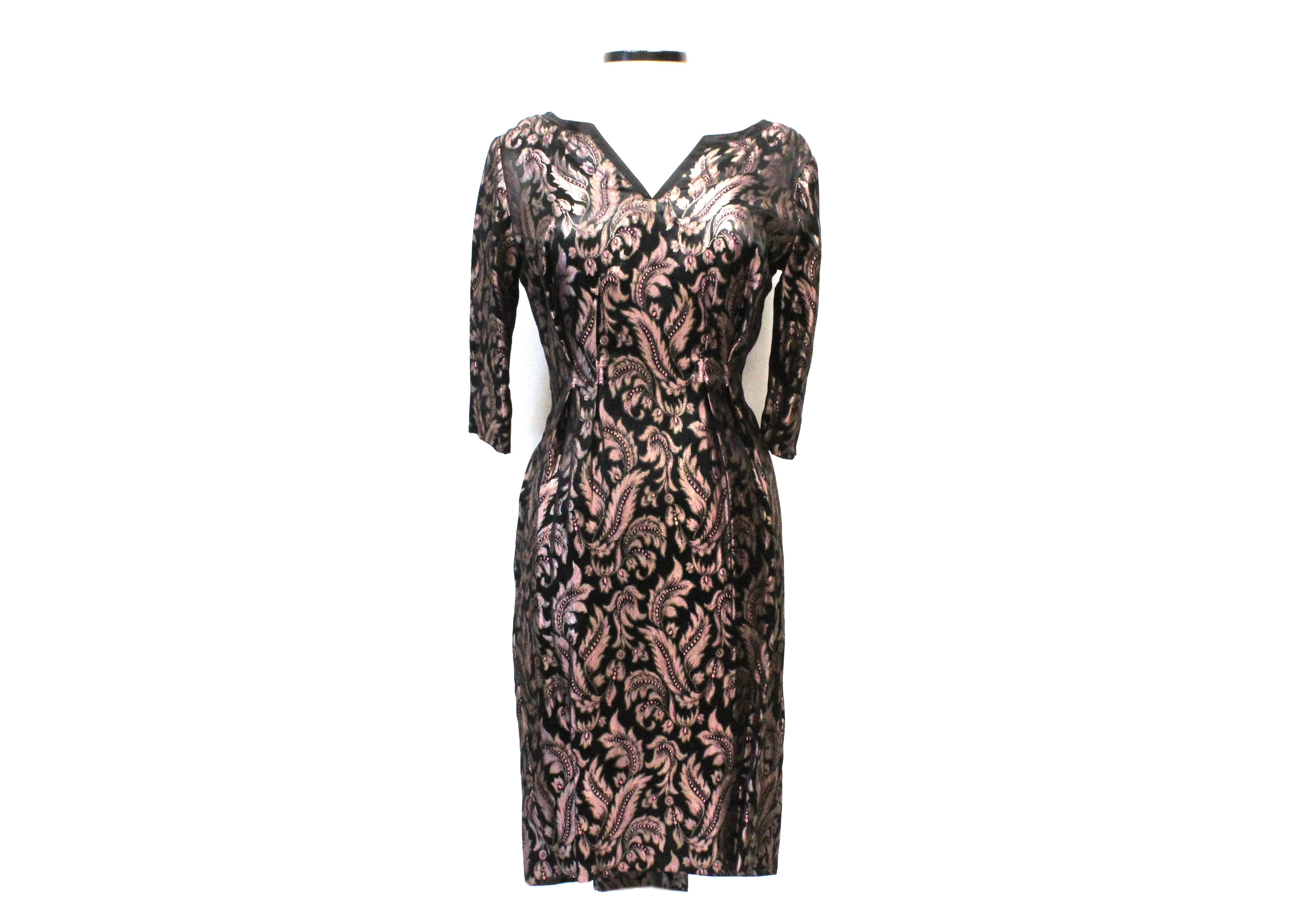 1950s Black and Pink Tapestry Wiggle Dress