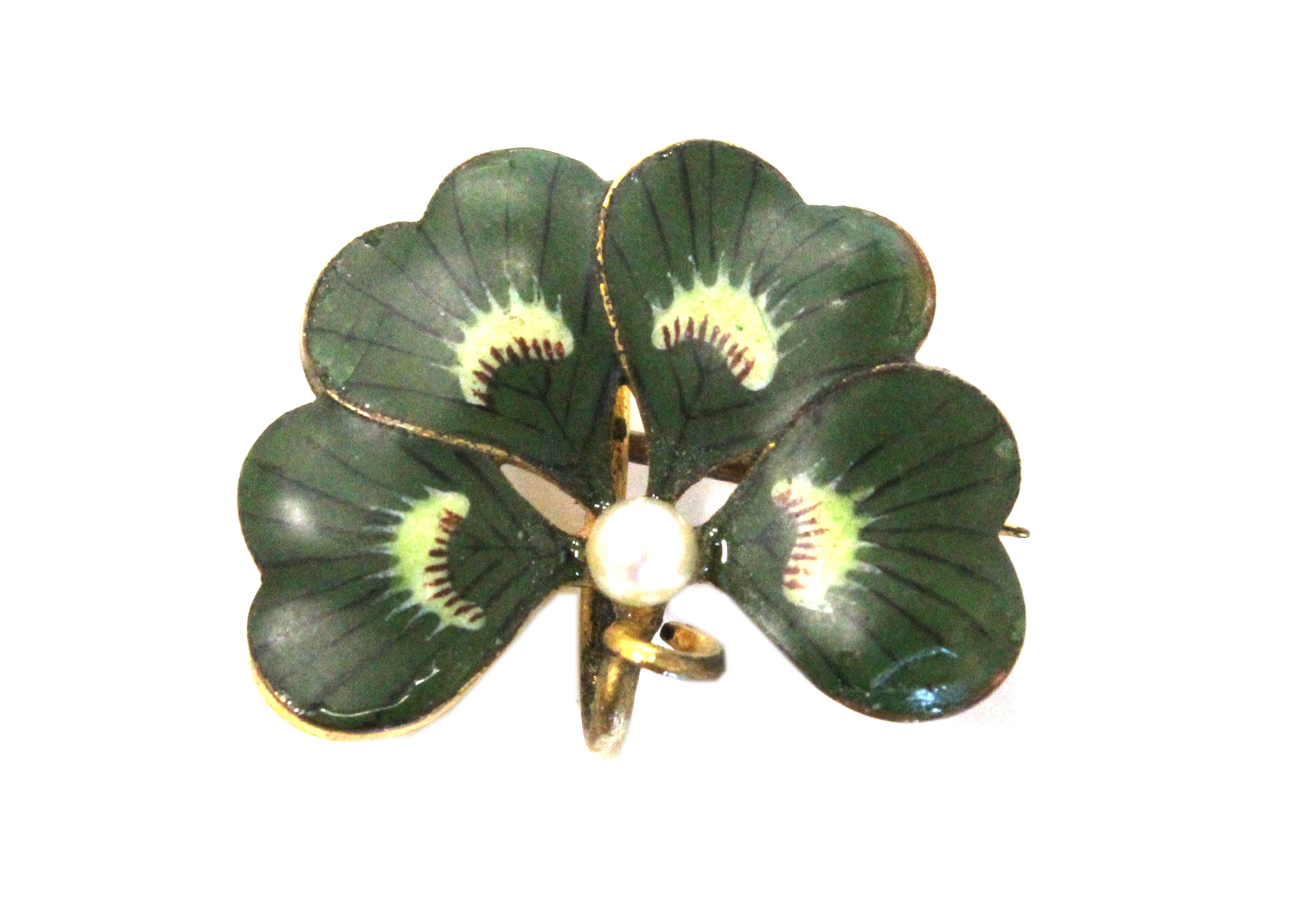 Edwardian Green Enameled Clover with Pearl Watch PIn