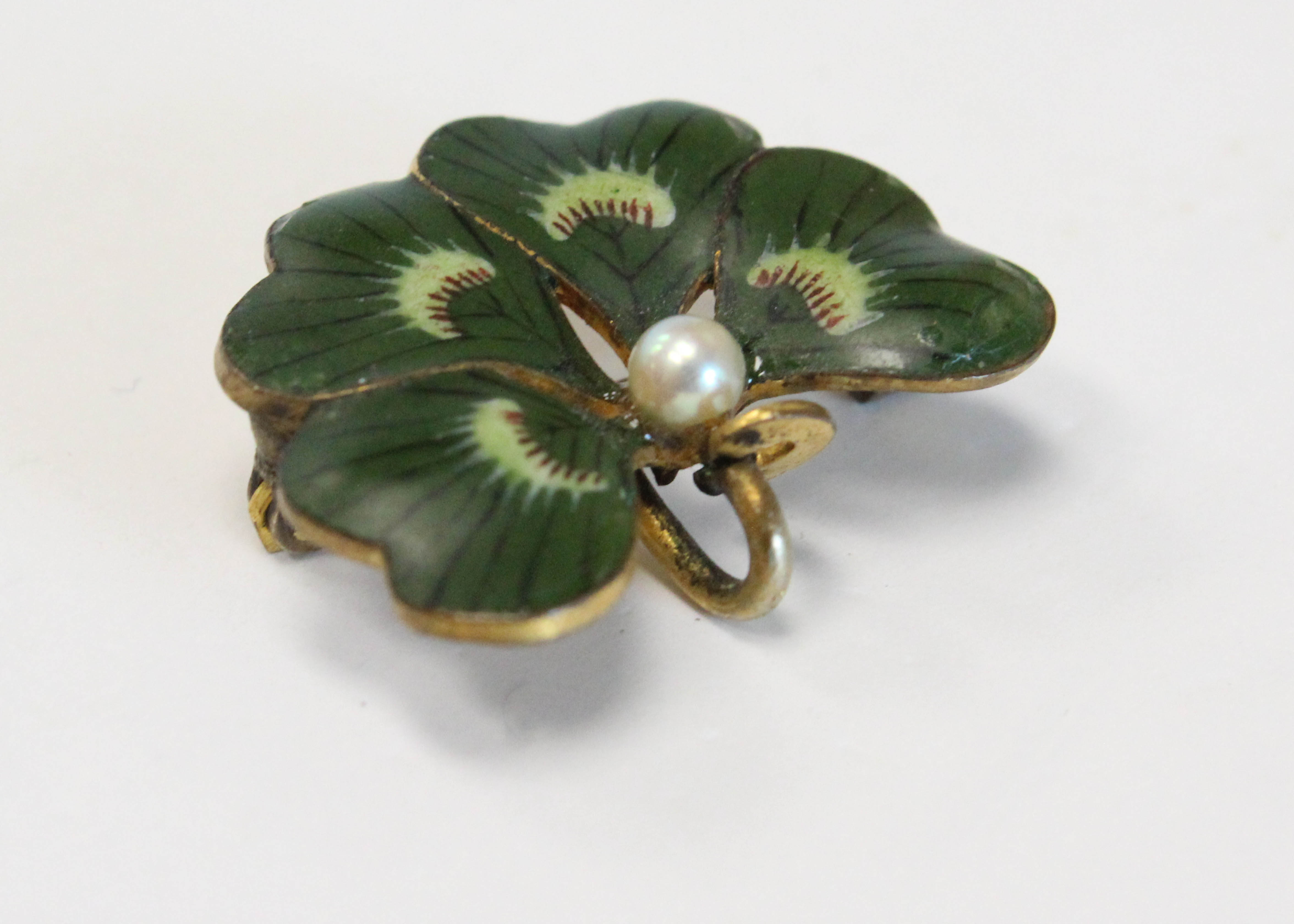 Edwardian Green Enameled Clover with Pearl Watch PIn