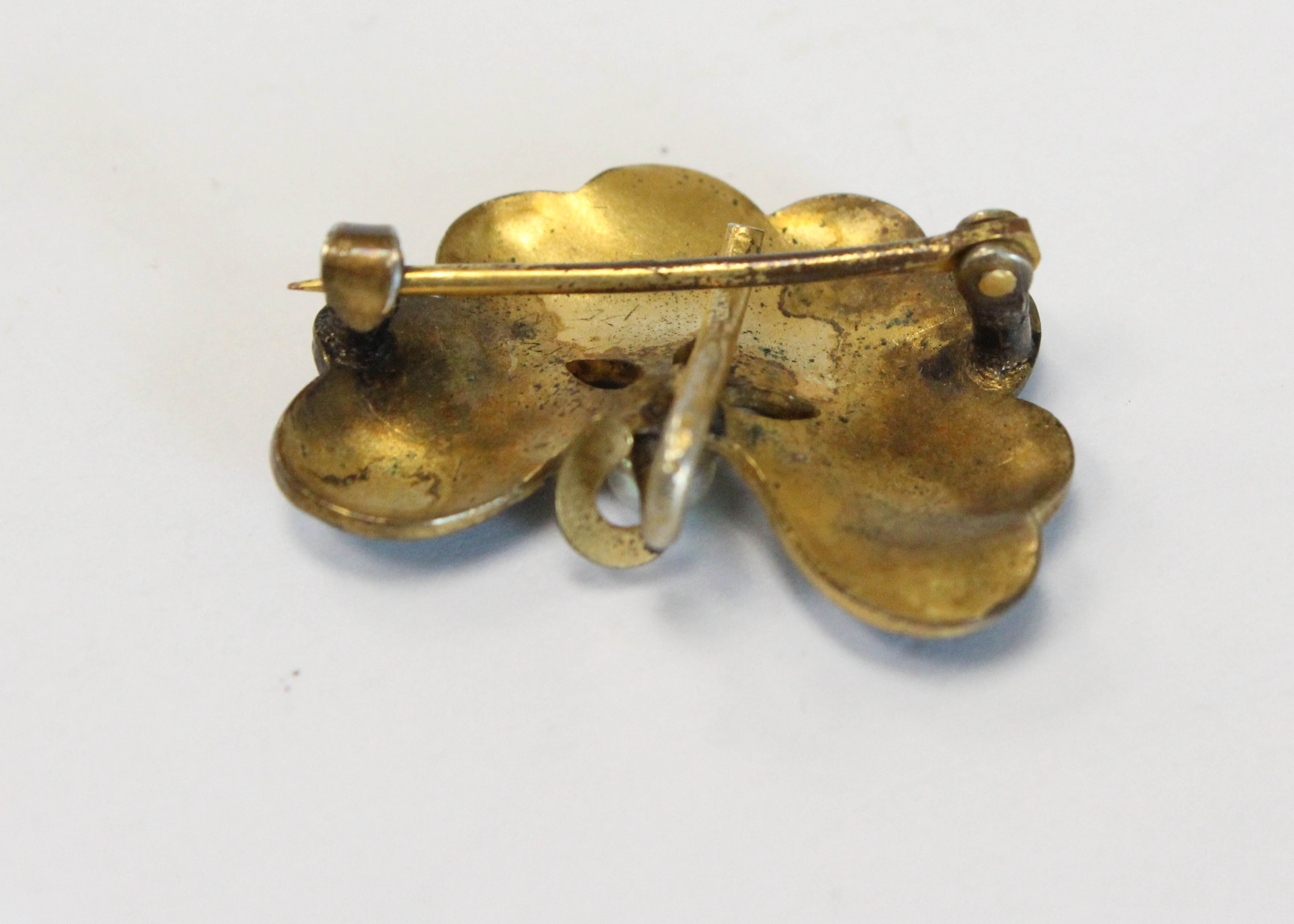 Edwardian Green Enameled Clover with Pearl Watch PIn