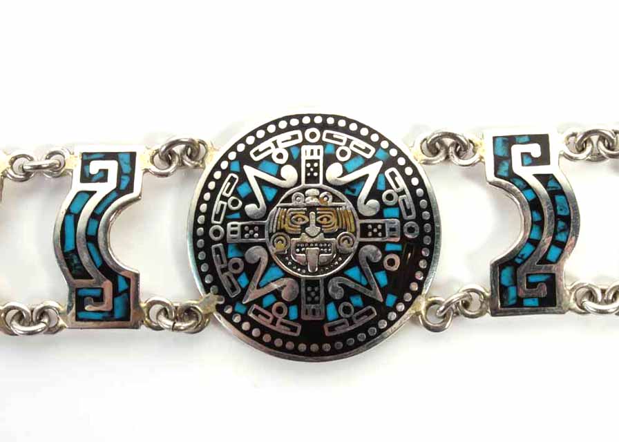Silver Tone Turquoise Mayan LInk Bracelet