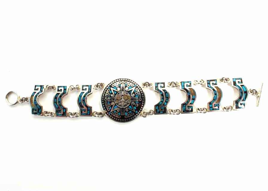 Silver Tone Turquoise Mayan LInk Bracelet