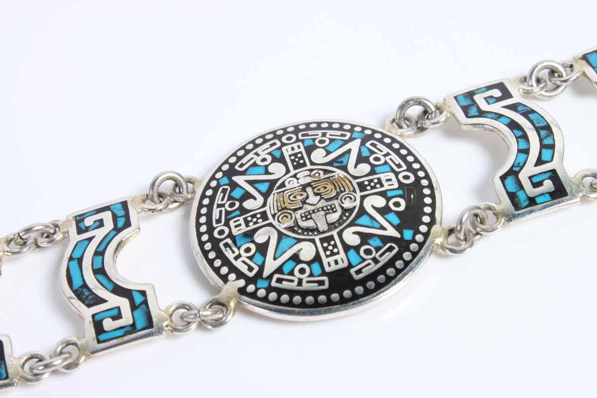 Silver Tone Turquoise Mayan LInk Bracelet