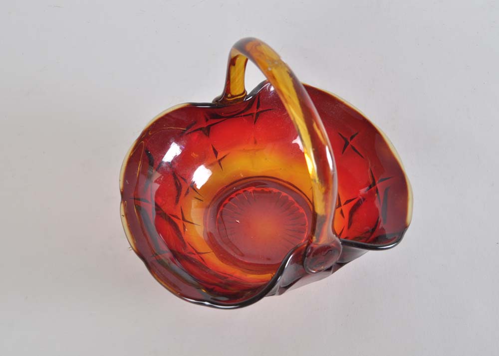 Vintage Amberina Sunset Handled Glass Basket