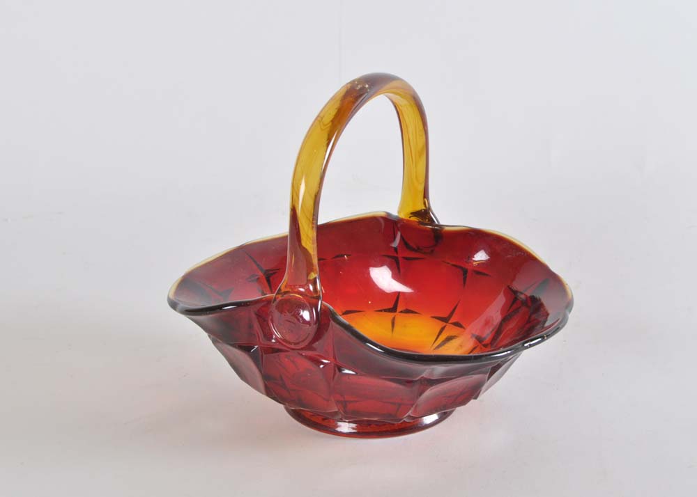 Vintage Amberina Sunset Handled Glass Basket