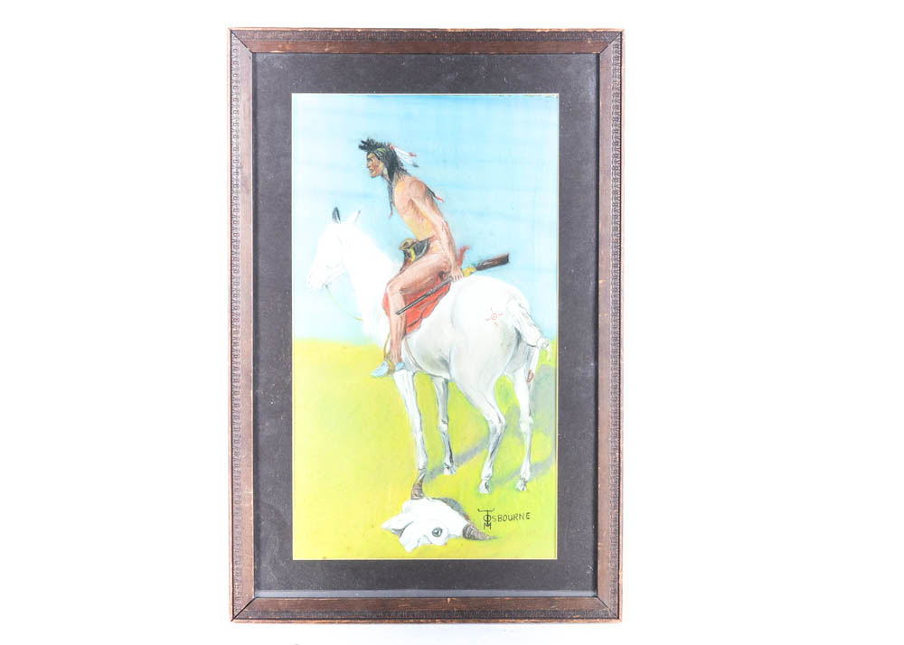 Tom Osbourne Pastel Drawing of Native American on Horse