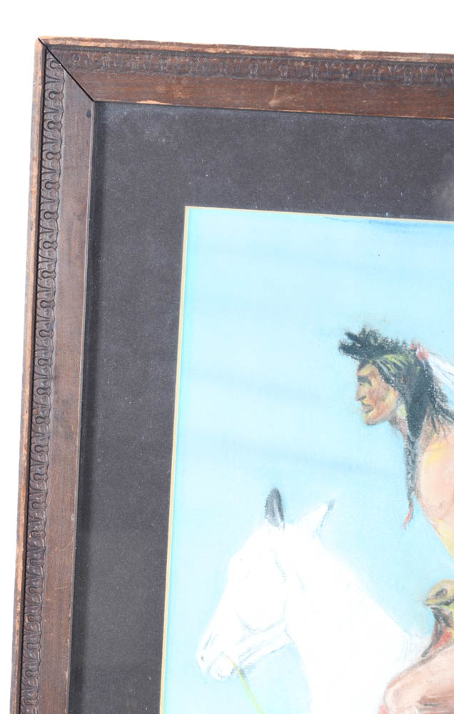 Tom Osbourne Pastel Drawing of Native American on Horse