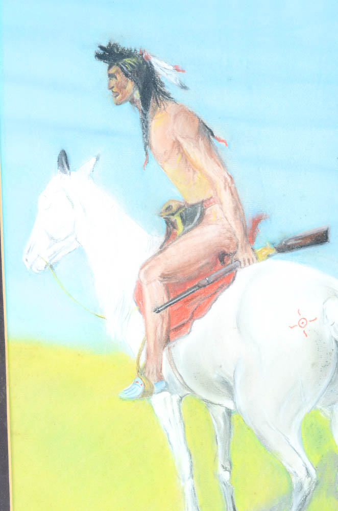 Tom Osbourne Pastel Drawing of Native American on Horse