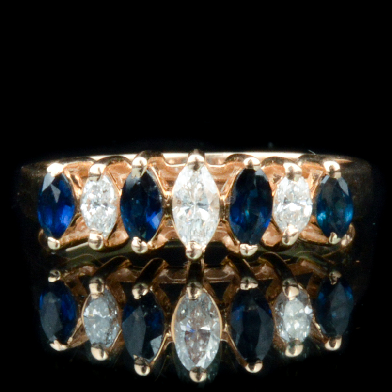 14K Yellow Gold Ring with 0.25 CTW Marquise Diamonds and Sapphires