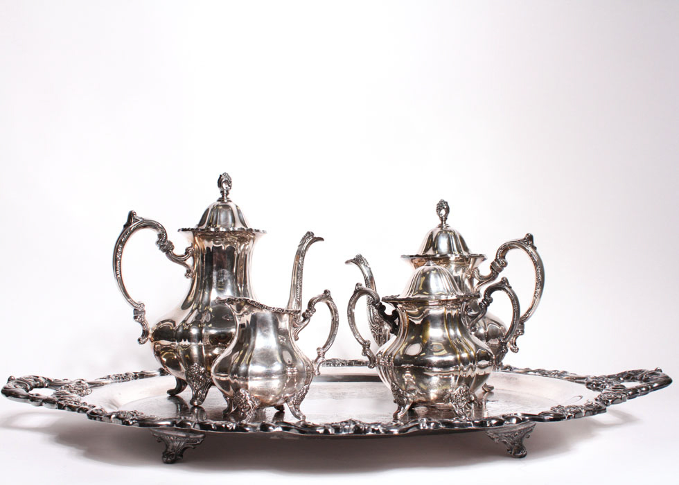Antique Poole Silver Plated Lancaster Rose Tea Set