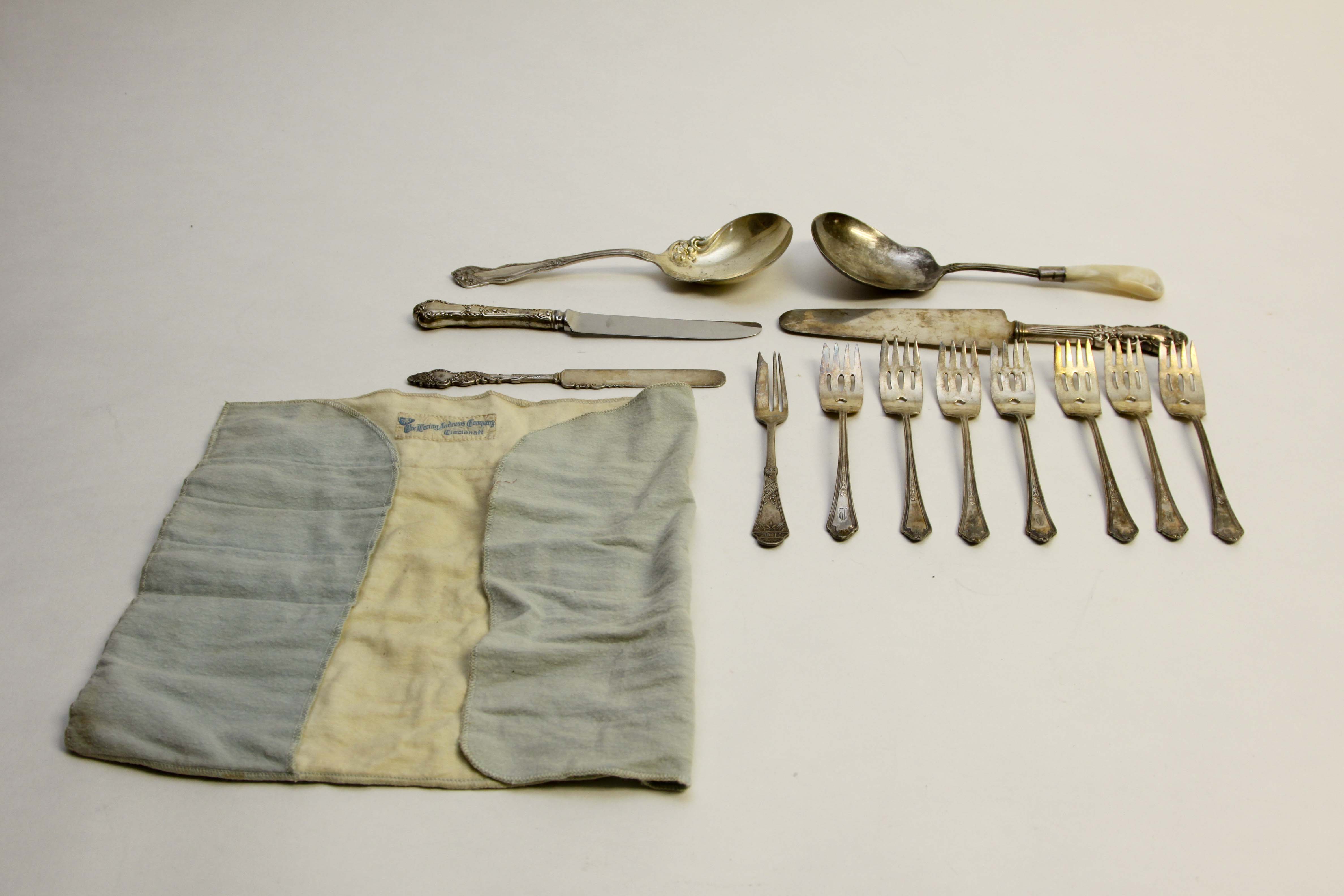 Sterling Silver Pearl Handle Serving Spoon and Silverplate Group