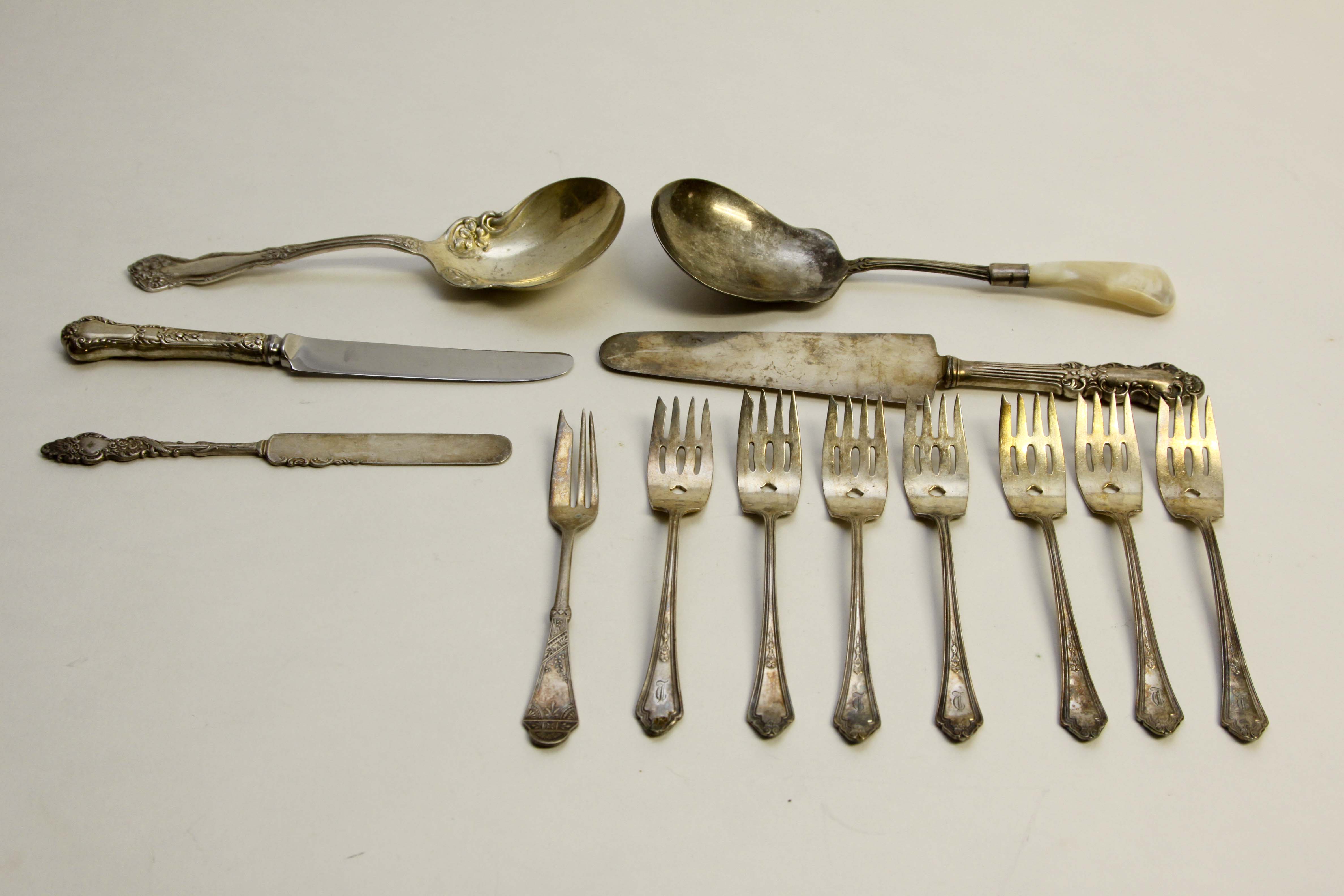 Sterling Silver Pearl Handle Serving Spoon and Silverplate Group