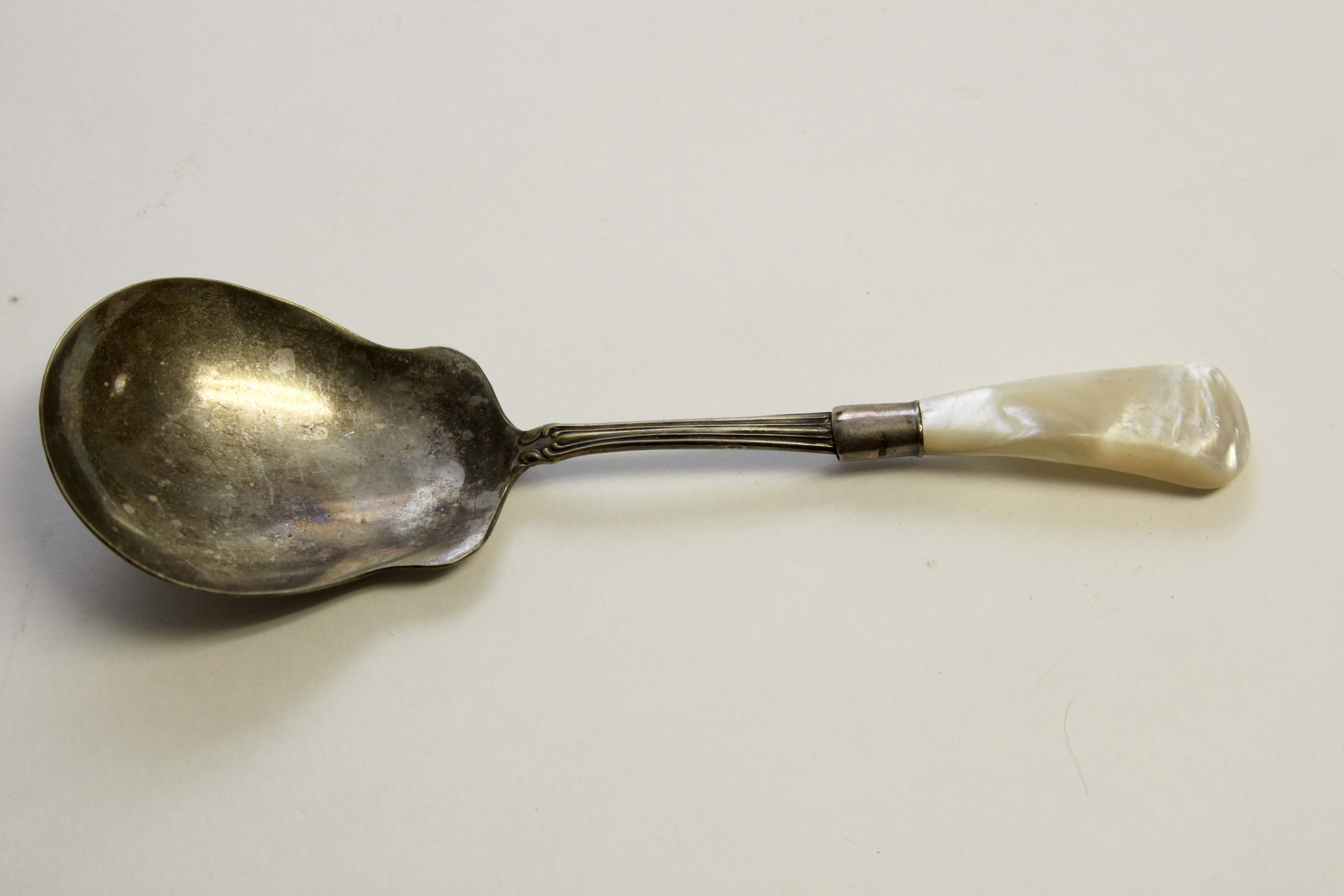 Sterling Silver Pearl Handle Serving Spoon and Silverplate Group