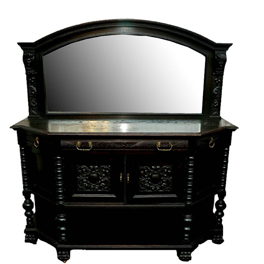 English Red Oak Revival Mirror Back Buffet