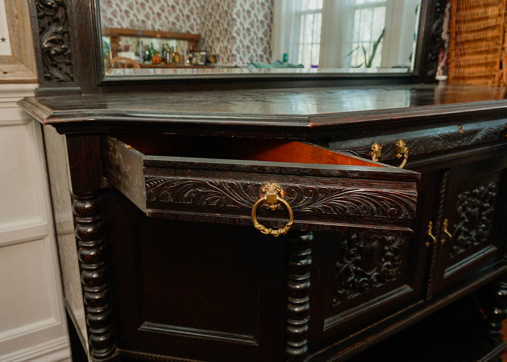 English Red Oak Revival Mirror Back Buffet