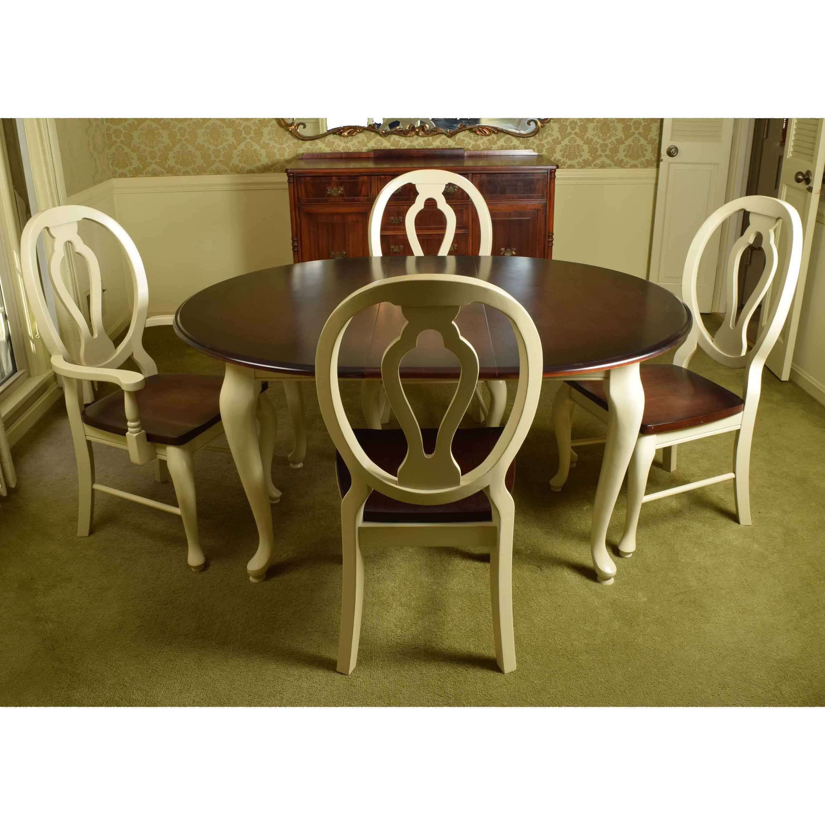 Queen Anne Style Oak and Cream Dining Room Table and Four Chairs