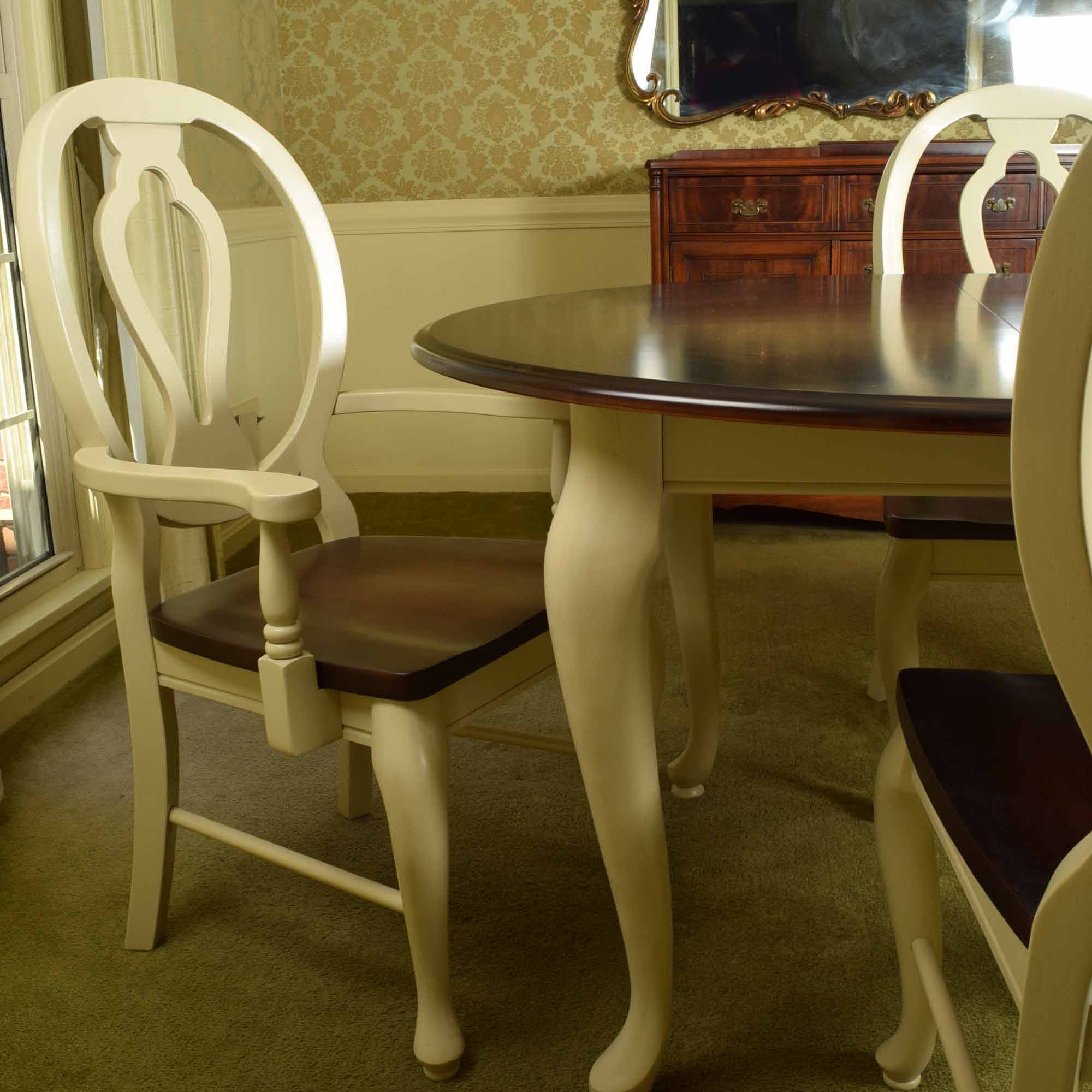 Queen Anne Style Oak and Cream Dining Room Table and Four Chairs