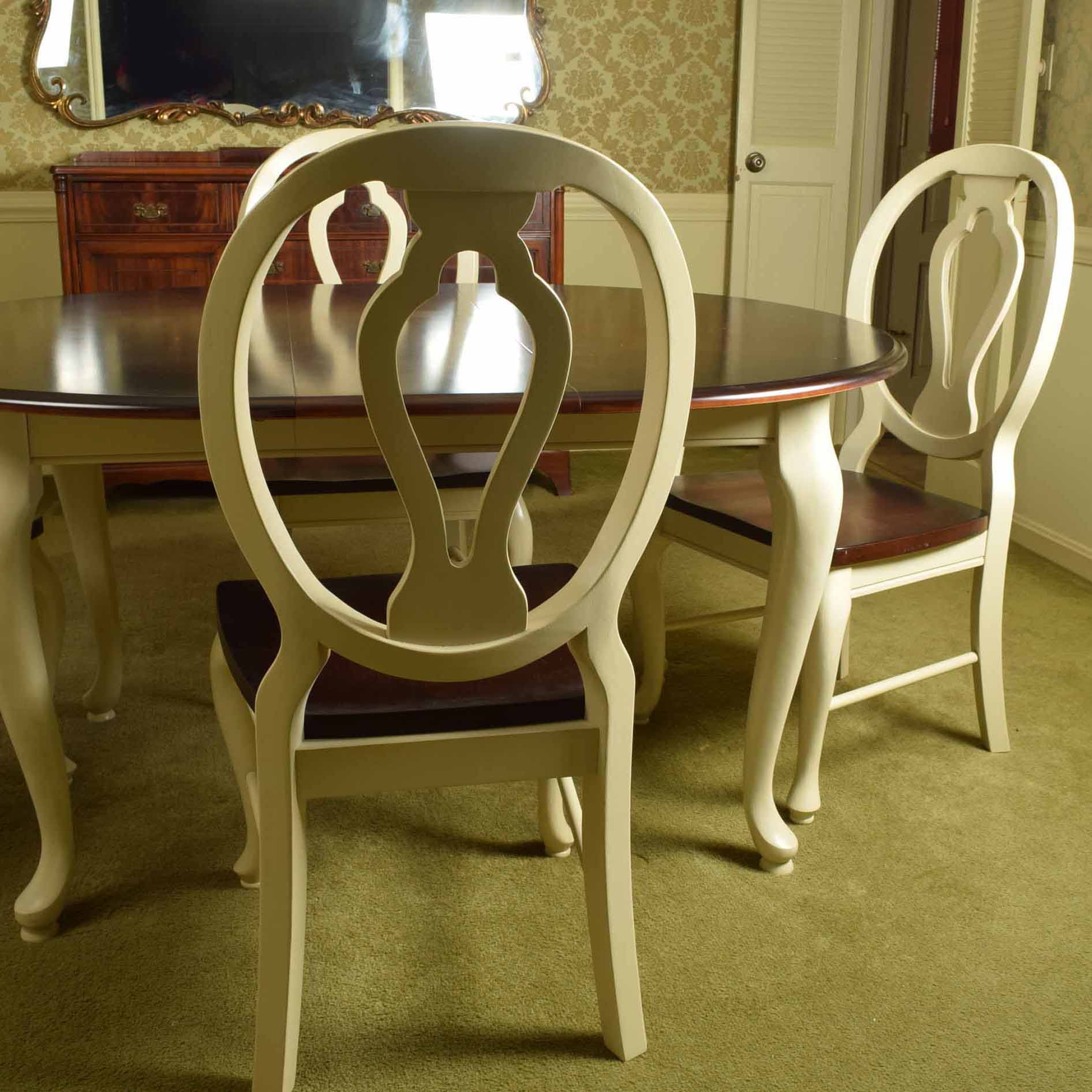 Queen Anne Style Oak and Cream Dining Room Table and Four Chairs