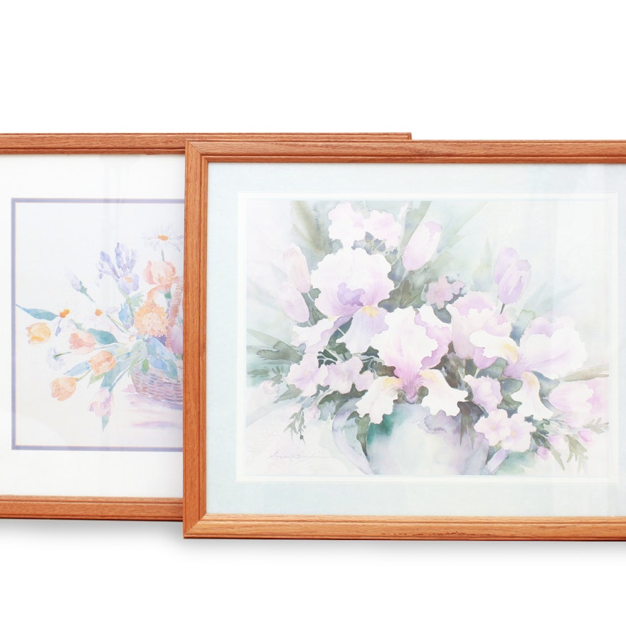 Pair of Floral Offset Lithograph Prints after Watercolor Paintings