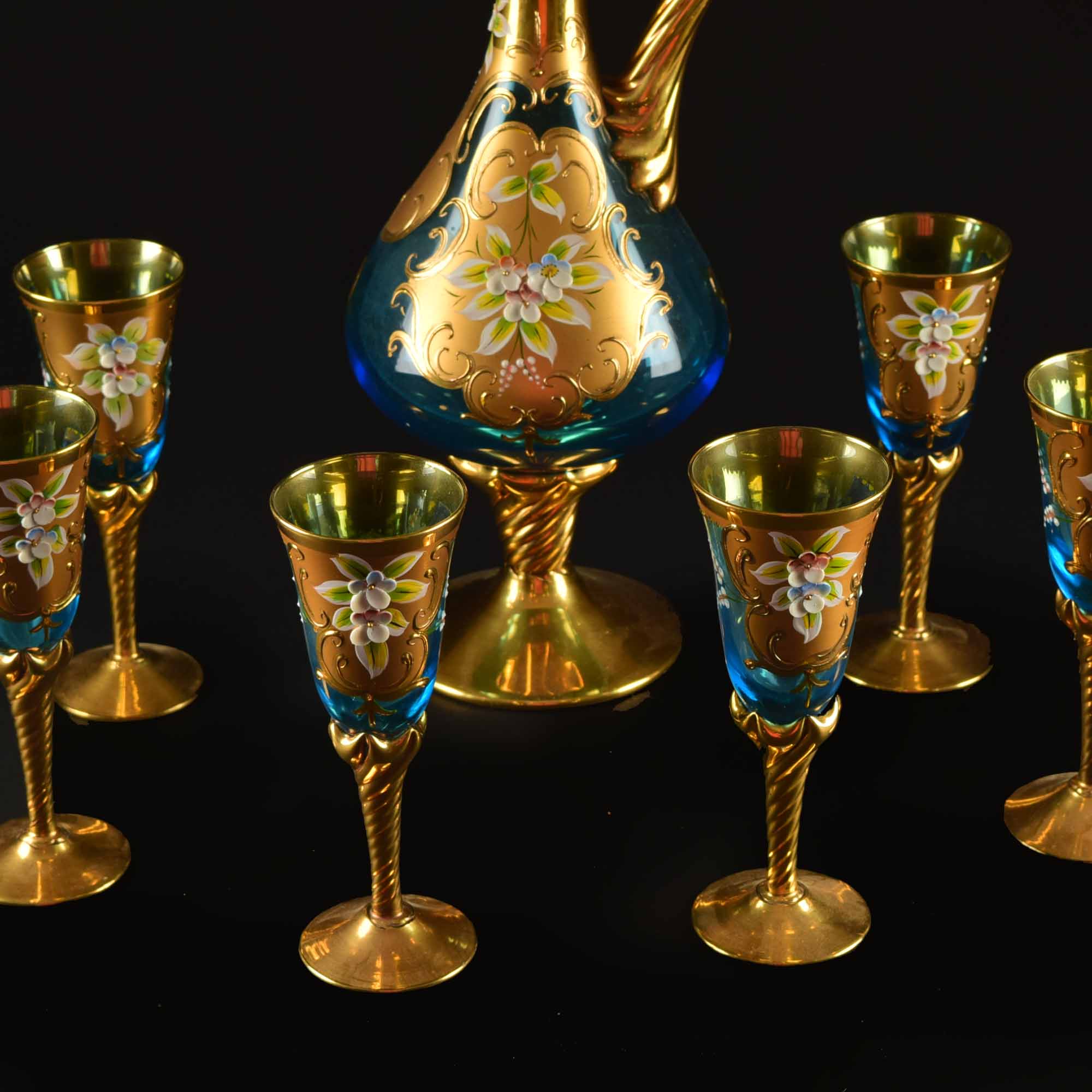 Venetian Turquoise Glass Wine Flagon and Six Stem Glasses