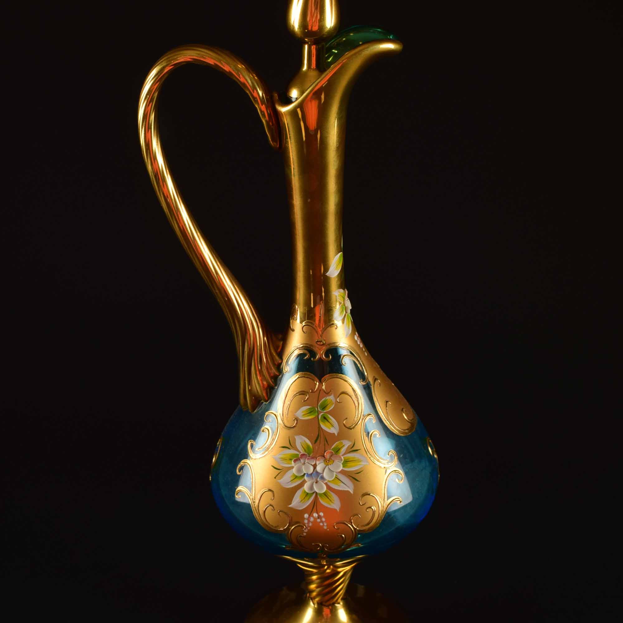 Venetian Turquoise Glass Wine Flagon and Six Stem Glasses