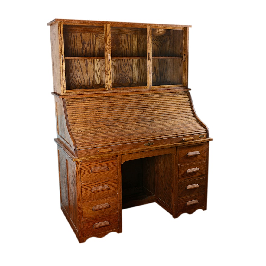 Oak Rolltop Desk with Sliding Glass Door Cabinet