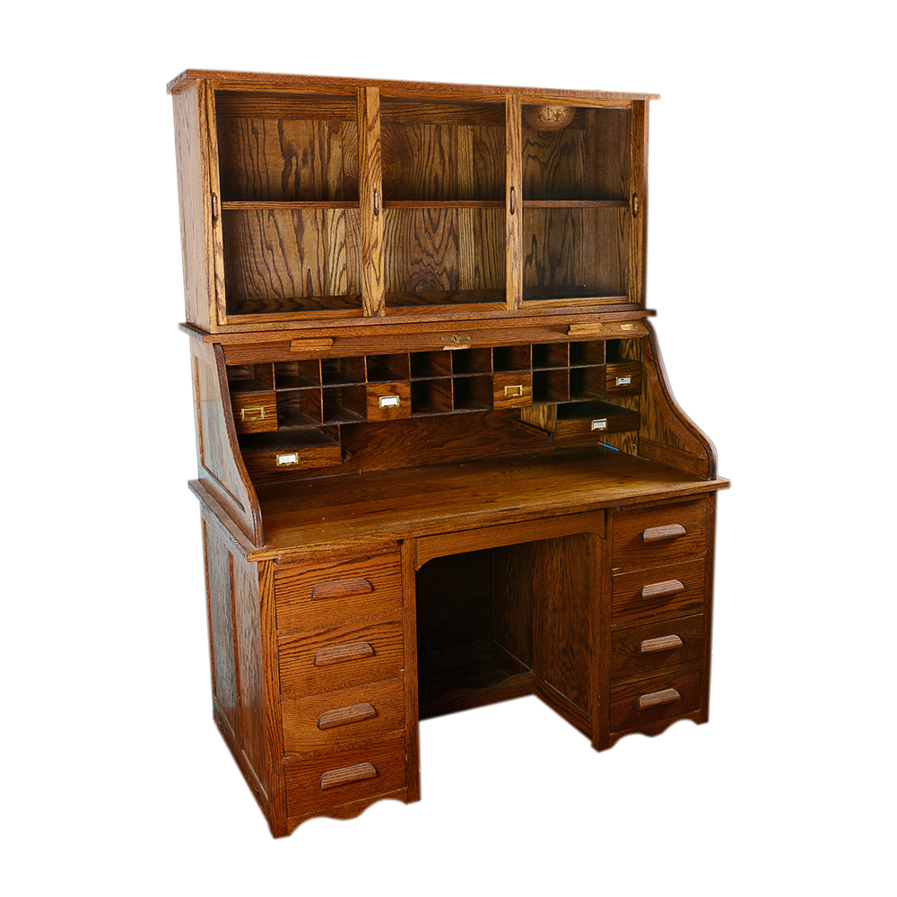 Oak Rolltop Desk with Sliding Glass Door Cabinet
