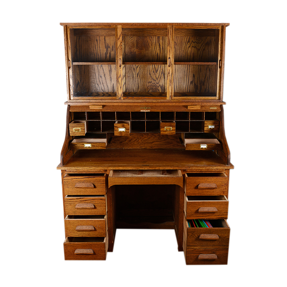Oak Rolltop Desk with Sliding Glass Door Cabinet