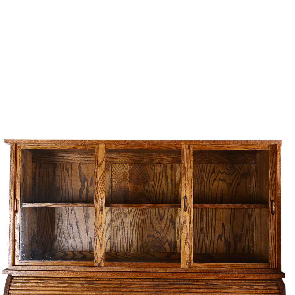 Oak Rolltop Desk with Sliding Glass Door Cabinet